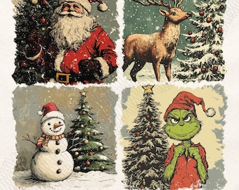 Retro Christmas Clipart PNG, Santa, Reindeer (Digital Download)