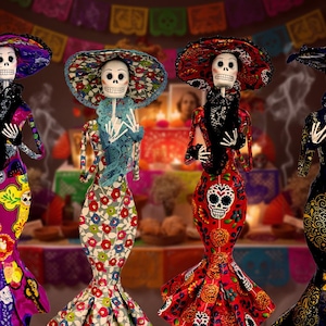 May include: Four skeletal figurines dressed in vibrant, patterned gowns and wide-brimmed hats. Each figure features a white skull face with painted details, black lace accents around the neck, and long, fitted dresses with colorful floral and skull motifs.