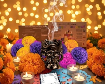 Day of the Dead Altar Kit – Glazed Clay Copalera, Copal Resin, Flowers
