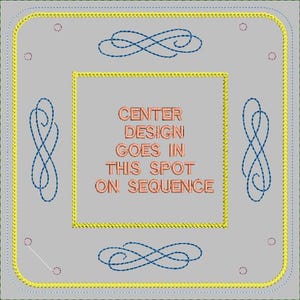 May include: A square, gray design with a yellow and blue border. The center contains the text "CENTER DESIGN GOES IN THIS SPOT ON SEQUENCE" in orange. Blue swirls and small circles are in each corner.