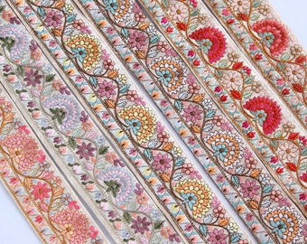 Borde bordado <TA4> Cinta de bordado, borde de saree indio, ribete de tela, encaje de seda, bordado, flor, cinta de tela de seda
