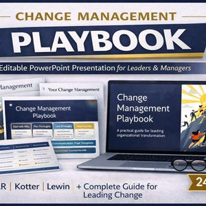 May include: An image promoting a Change Management Playbook. It shows a laptop displaying the title and a mountain graphic, alongside printed materials and glasses. The text includes "Editable PowerPoint Presentation for Leaders & Managers".