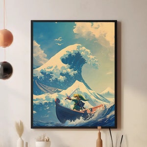 Peut inclure: Une impression d'art numérique représentant un personnage vêtu de vert dans un bateau, naviguant sur une grande vague inspirée de la Grande Vague de Kanagawa. L'arrière-plan est un ciel bleu avec des nuages blancs.
