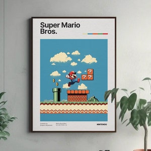 Super Mario Bros Poster für Gaming-Raumdekoration, Vintage-Videospieldruck, Gamer-Geschenk, Mario-Wandkunst, 90er-Jahre-inspiriert