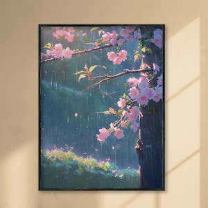 Gemütliches Dekor, Regentropfen, gemütliche Anime-Ästhetik, regnerische Wandkunst, inspirierendes Herbstdekor, Anime-Druck, Sakura-Poster