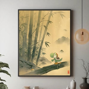 Yoshi Japanischer Wandteppich, Mario Poster, Gamer Wandkunst, Druckbares Wohndekor, Videospiel Poster, Bambuswald, Zen Yoshi