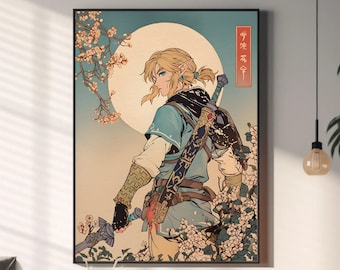 Link from zelda tears of the kingdom, Japanese tapestry, BOTW, Legend of zelda, zelda Poster, Printable Wall Art, Bedroom art, Home Decor