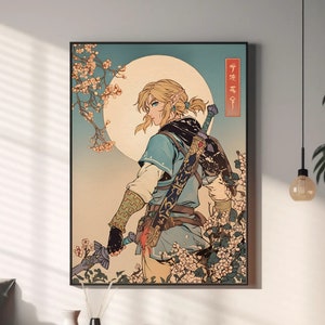 Pu&ograve; includere: Un'illustrazione digitale di un personaggio della serie di videogiochi The Legend of Zelda, Link, in piedi in un bosco con fiori di ciliegio. Lo sfondo presenta una luna piena e i caratteri giapponesi per "Legend of Zelda".
