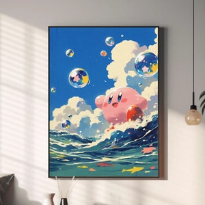 Kirby-Poster am Strand für den Sommer, Kirby-Traumland, Anime-Poster, druckbare Wandkunst, Kirby-Wandkunst, japanische Heimdekoration, Digitaldruck