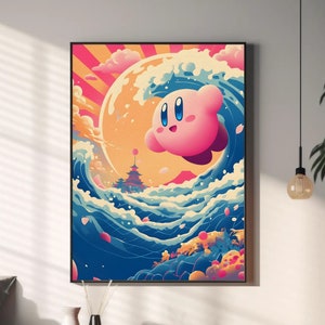 Cartel de Kirby, tapiz japonés Kirby, arte de pared imprimible, arte de pared de gran ola, arte de sala de juegos, decoración del hogar japonés, impresión digital