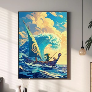 Link da zelda Wind waker, arte lacrime del regno, BOTW, leggenda di zelda, poster anime barca zelda, arte da parete stampabile, arte della camera da letto