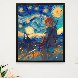 Collegamento da zelda lacrime del regno di van gogh, poster anime, arte da parete stampabile, arte da parete TOTK, arredamento per la casa giapponese, stampa digitale