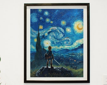 Link from Zelda BOTW poster van gogh, TOTK, The starry night, Vintage Wall-art, Breath of the wild, Link from zelda - Digital download