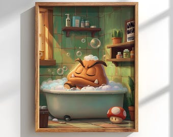 Puede incluir: Una impresión enmarcada representa un personaje de dibujos animados Goomba relajándose en una bañera llena de burbujas. El baño tiene paredes de azulejos verdes, estantes de madera con artículos de tocador y una seta roja y blanca. La obra de arte está en un marco de madera.
