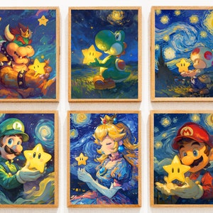 Super Mario al estilo Van Gogh, póster de videojuegos, arte mural imprimible, arte mural para dormitorio, decoración japonesa, impresión digital, Mario x Van Gogh