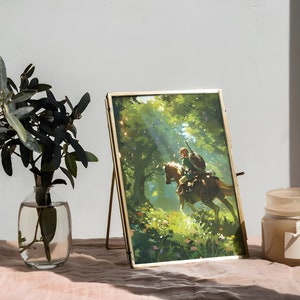May include: A gold-framed picture of a cartoon character riding a horse through a forest. The picture is on a gold easel and is sitting on a pink surface. There is a candle in the background.