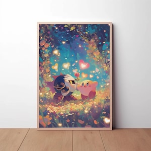 Cartel de Kirby, Kirby para el día de San Valentín, Arte de pared imprimible, Arte de pared de Super smash bros, Arte de sala de juegos, Decoración del hogar amante, impresión digital