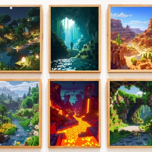 Set di 6 poster di Minecraft, arte murale di Minecraft, paesaggio di Minecraft, pixel craft del gioco Minecraft, arte digitale, mondo cubo, arte murale.