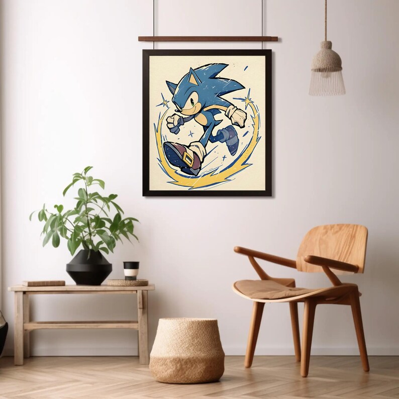 May include: A blue and yellow cartoon illustration of Sonic the Hedgehog running in a yellow circle. The background is a light beige color.