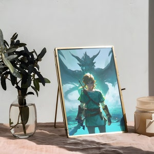 May include: A gold-framed picture with a green and blue image of a video game character standing in front of a large dragon. The character is wearing a green tunic and holding a sword. The picture is on a table with a candle and a vase of greenery.