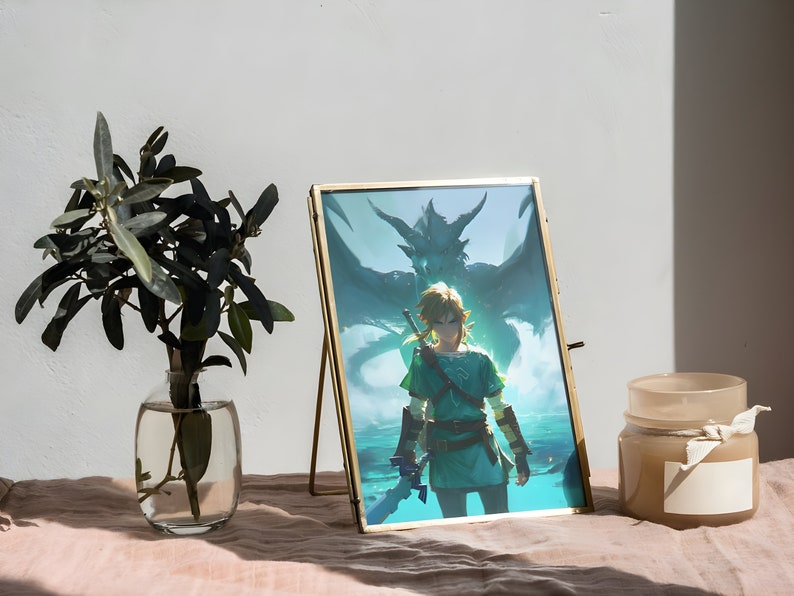May include: A gold-framed picture with a green and blue image of a video game character standing in front of a large dragon. The character is wearing a green tunic and holding a sword. The picture is on a table with a candle and a vase of greenery.