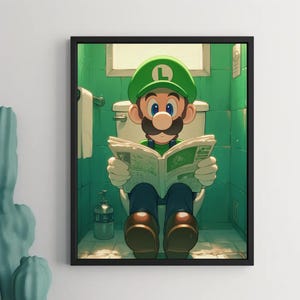 May include: A green and black cartoon character, wearing a green hat with a letter L on it, sits on a toilet reading a newspaper. The character has a mustache and a green shirt. The bathroom is tiled in green and white.