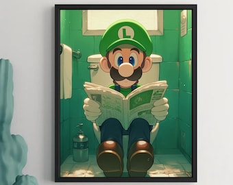 Puede incluir: Un personaje de dibujos animados verde y negro, con un sombrero verde con una L en él, está sentado en un inodoro leyendo un periódico. El personaje tiene bigote y una camisa verde. El baño está alicatado en verde y blanco.