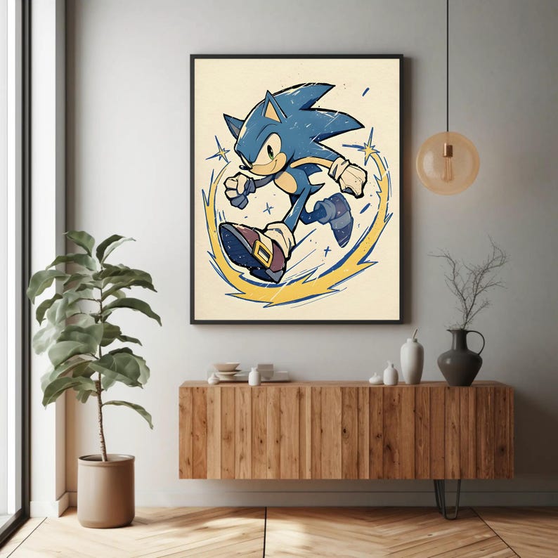 May include: A blue and yellow cartoon illustration of Sonic the Hedgehog running with a yellow lightning bolt effect around him.