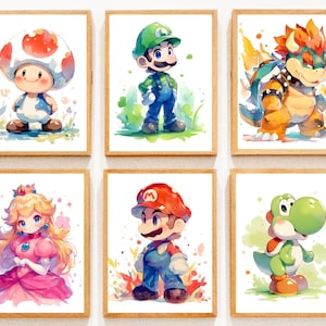 Mario bundelt 6 poster, aquarel Mario poster, Chibi Mario poster, Mario en Luigi kunst, Yoshi poster, Mario kunst aan de muur, video game poster