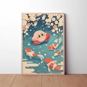 Kirby-poster, Kirby-animeposter, Japanse kunst, Koi-visposter, Sakura-bloesem, Kirby-fanart, gamekamer, kinderkamer, kinderkamerdecoratie
