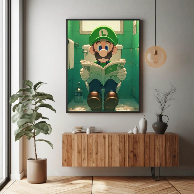 Luigi on Toilet Poster Funny Bathroom Decor, Video Game Decor