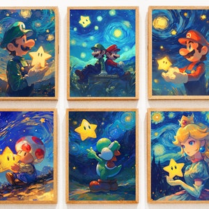 Super Mario im Van-Gogh-Stil, Gaming-Poster, druckbare Wandkunst, Schlafzimmer-Wandkunst, japanische Heimdekoration, Digitaldruck, Mario x van Gogh