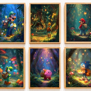 May include: Six framed art prints depicting video game characters in a fantasy forest. Each print features a different character, such as Mario, Luigi, Yoshi, Kirby, and Sonic, amidst glowing lights and mushrooms. The artwork is set in a vibrant, colourful forest.