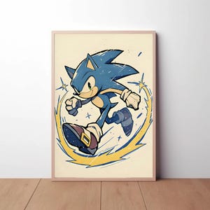 May include: A blue and yellow illustration of Sonic the Hedgehog running with a yellow lightning bolt effect behind him.