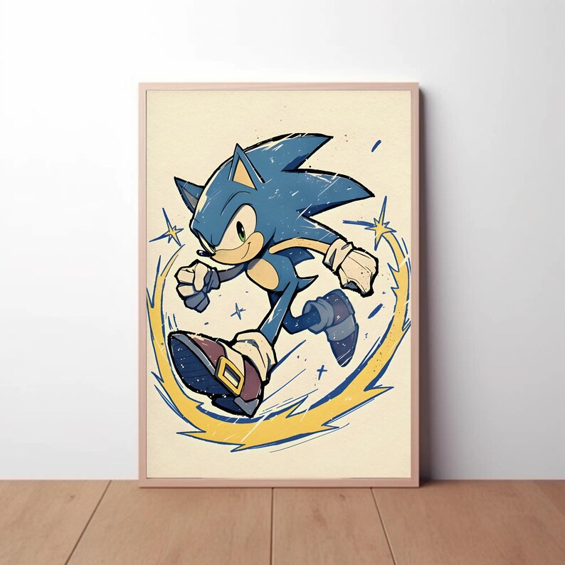 May include: A blue and yellow illustration of Sonic the Hedgehog running with a yellow lightning bolt effect behind him.