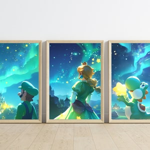Yoshi Peach y Luigi luces del norte en las noches estrelladas, cartel de juegos, arte de pared imprimible, arte de pared del dormitorio, decoración del hogar japonés
