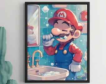 Puede incluir: Impresión enmarcada que presenta una ilustración de dibujos animados de Mario cepillándose los dientes en un baño. Mario lleva su gorra roja con una "M" blanca y un mono azul. El baño tiene azulejos azules y un grifo dorado.