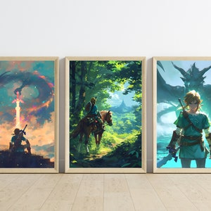 May include: Three framed prints featuring a green and blue fantasy landscape with a character in green clothing and a sword, a green and blue fantasy landscape with a character riding a horse, and a green and blue fantasy landscape with a dragon.