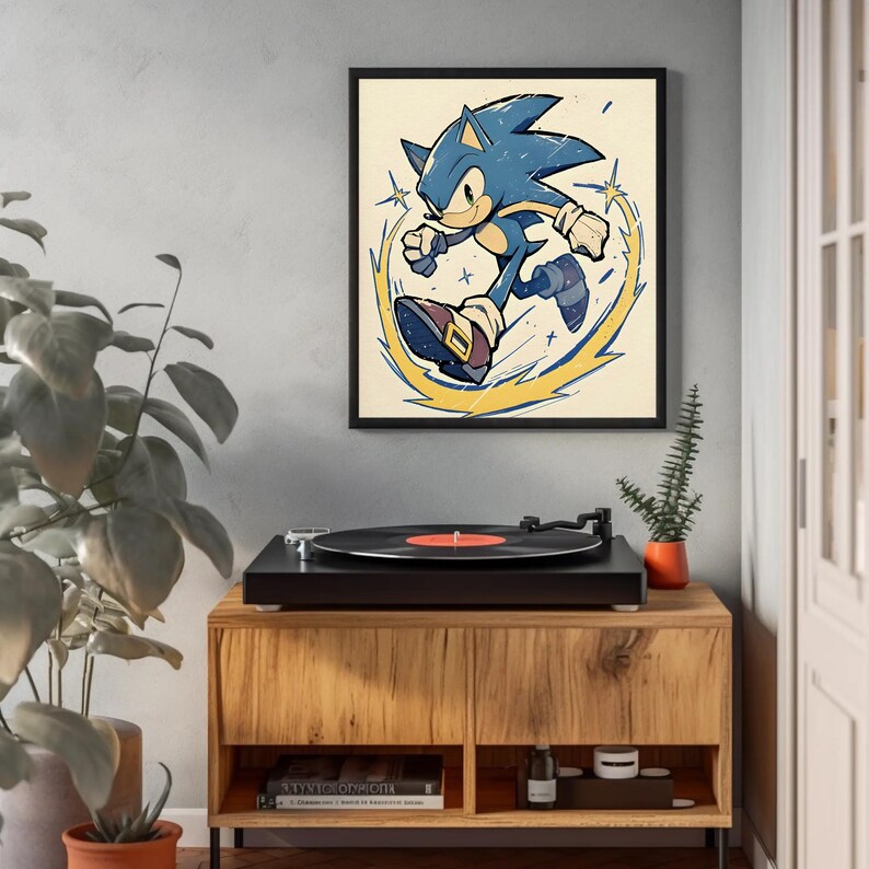 May include: A retro-style illustration of Sonic the Hedgehog running with a yellow lightning bolt effect. The image is framed and displayed on a wall above a record player.