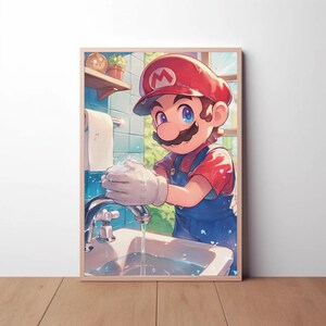May include: A cartoon character resembling Mario, wearing a red cap and overalls, washes his hands at a sink with a white porcelain basin. The sink has a chrome faucet with a stream of water flowing from it. The character is in a bathroom with blue and white tiled walls.