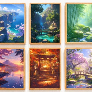 日本のスタジオアニメーション風景アートワークギャラリーセット6個セット、印刷可能なウォールアート、日本の室内装飾、アニメバンドルプリント