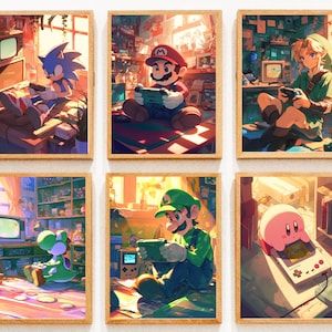 Set di poster di personaggi di videogiochi famosi, arte di Mario e Luigi, poster di Yoshi, arte murale di Link di Zelda, Kirby, arte dei personaggi di Super Smash Bros.