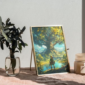 May include: A gold-framed picture with a fantasy landscape scene. The picture shows a character standing in front of a large tree and a lake. The picture is on a table with a vase of greenery and a candle.