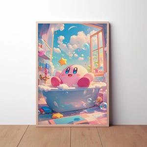 Kirby sulla vasca da bagno poster, stampa artistica di Kirby carina, poster anime di Kirby, arte murale stampabile, arte murale di Kirby, arredamento per la casa, carta igienica, arte murale del water