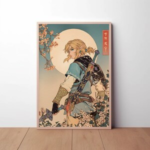 Pu&ograve; includere: Un'illustrazione digitale in stile xilografia giapponese, con un personaggio della serie di videogiochi The Legend of Zelda. Il personaggio &egrave; raffigurato con un abito blu e verde, impugnando una spada, e in piedi davanti a un ciliegio in fiore. Lo sfondo presenta una luna piena e il testo giapponese "Hyrule" in rosso.