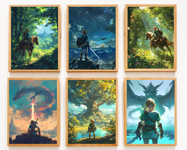 May include: Six framed illustrations of a video game character in different scenes. The character is wearing green clothing and a sword. The scenes include a forest, a mountain, a dragon, and a tree.