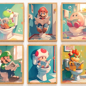 Peut inclure: Six impressions encadrées représentant des personnages de dessins animés, dont Yoshi, Mario, Kirby, Luigi, Toad et Bowser, assis sur des toilettes et lisant un journal. L'œuvre d'art a un style fantaisiste et coloré avec un schéma de couleurs turquoise et jaune.