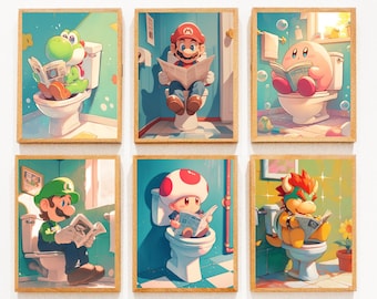 Puede incluir: Seis impresiones enmarcadas con personajes de dibujos animados, incluyendo a Yoshi, Mario, Kirby, Luigi, Toad y Bowser, cada uno sentado en un inodoro y leyendo un periódico. La obra de arte tiene un estilo caprichoso y colorido con una combinación de colores turquesa y amarillo.