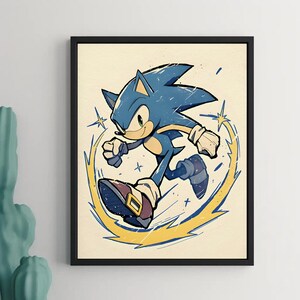 May include: A blue and yellow cartoon illustration of Sonic the Hedgehog running with a yellow lightning bolt effect behind him.