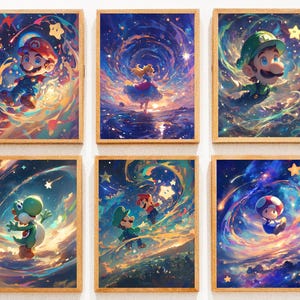 Super mario en estilo van gogh, cartel de juegos, arte de pared imprimible, arte de pared del dormitorio, decoración del hogar japonés, impresión digital, Mario x van gogh